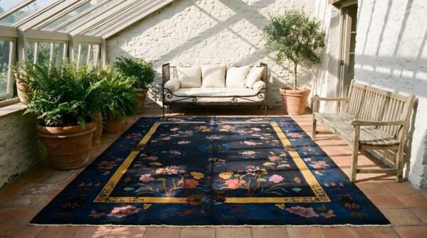 Antique art deco room size wool - manchester dark rug 6 Antique art deco room size wool - manchester dark rug (sku 24203) - room view