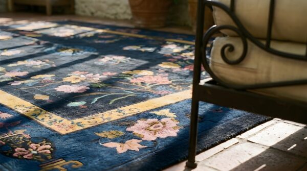 Antique art deco room size wool - manchester dark rug 7 Antique art deco room size wool - manchester dark rug (sku 24203) - in-room detail