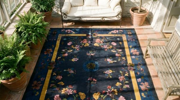 Antique art deco room size wool - manchester dark rug 2 Antique art deco room size wool - manchester dark rug (sku 24203) - styled overhead view