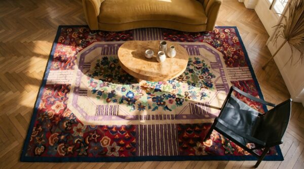 Antique art deco room size wool multi rug (sku 24108) - styled overhead view