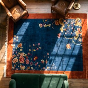 Antique Art Deco Room Size Wool Navy Rug (SKU 22924) - styled overhead view