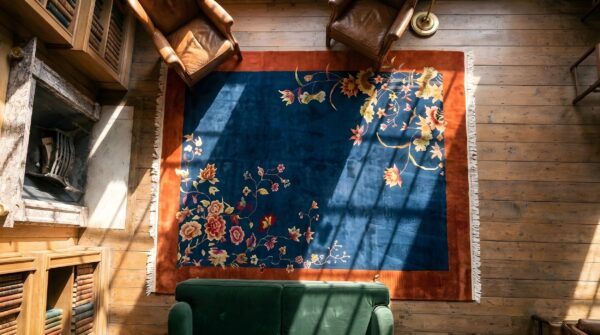 Antique art deco room size wool navy rug 2 Antique art deco room size wool navy rug (sku 22924) - styled overhead view