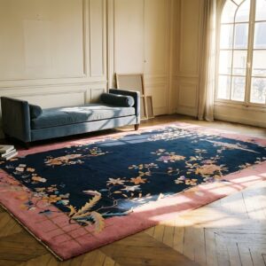 Antique Art Deco Room Size Wool Navy, Pink Rug (SKU 24234) - room view