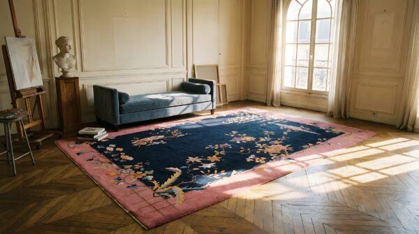 Antique art deco room size wool navy, pink rug 3 Antique art deco room size wool navy, pink rug (sku 24234) - room view