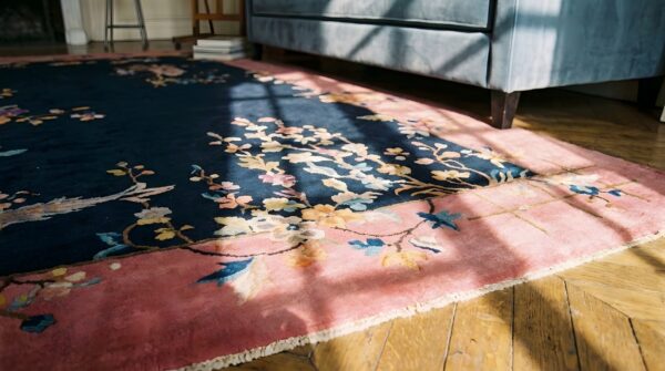 Antique art deco room size wool navy, pink rug 4 Antique art deco room size wool navy, pink rug (sku 24234) - in-room detail