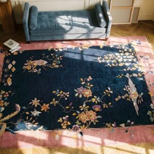 Antique Art Deco Room Size Wool Navy, Pink Rug (SKU 24234) - styled overhead view