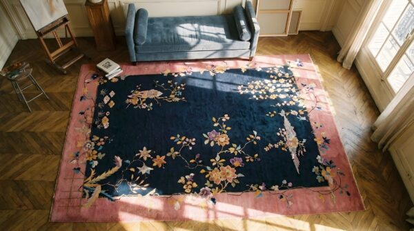 Antique art deco room size wool navy, pink rug 2 Antique art deco room size wool navy, pink rug (sku 24234) - styled overhead view