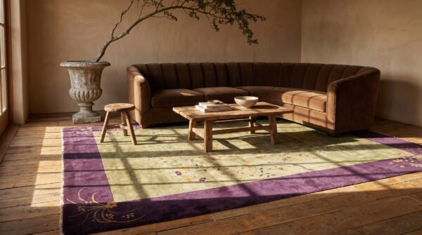 Antique art deco room size wool olive, purple rug 8 Antique art deco room size wool olive, purple rug (sku 24182) - room view