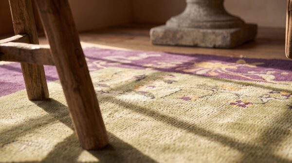 Antique art deco room size wool olive, purple rug 9 Antique art deco room size wool olive, purple rug (sku 24182) - in-room detail
