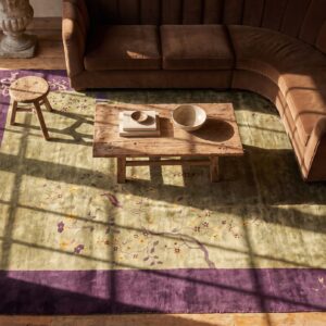 Antique Art Deco Room Size Wool Olive, Purple Rug (SKU 24182) - styled overhead view