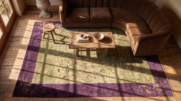 Antique art deco room size wool olive, purple rug 2 Antique art deco room size wool olive, purple rug (sku 24182) - styled overhead view