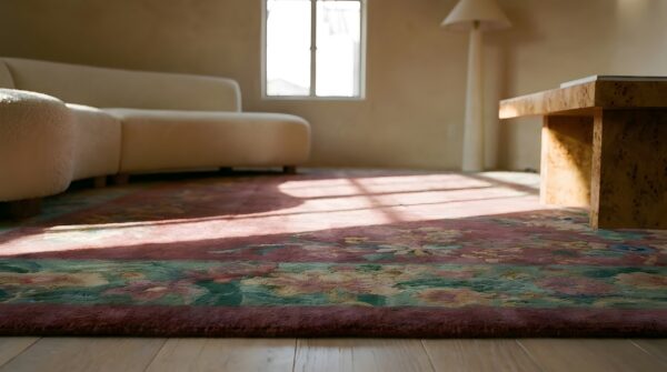 Antique art deco room size purple wool rug 7 Antique art deco room size purple wool rug (sku 23898) - in-room detail