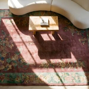 Antique Art Deco Room Size Purple Wool Rug (SKU 23898) - styled overhead view
