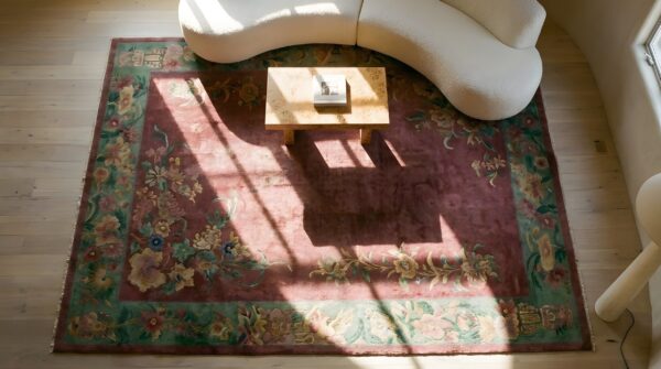 Antique art deco room size purple wool rug 2 Antique art deco room size purple wool rug (sku 23898) - styled overhead view