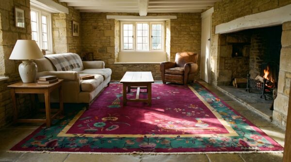 Antique art deco room size wool red bird design rug 7 Antique art deco room size wool red bird design rug (sku 24753) - room view