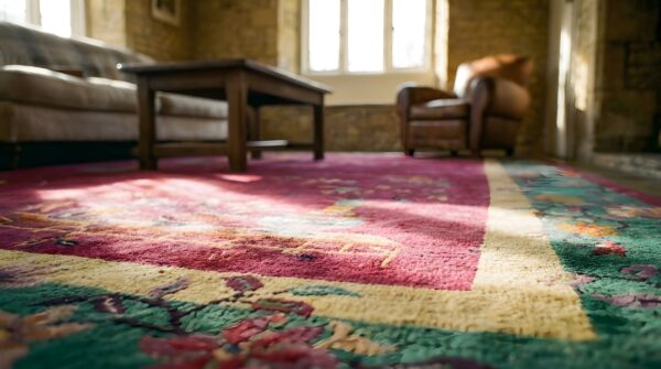 Antique art deco room size wool red bird design rug 8 Antique art deco room size wool red bird design rug (sku 24753) - in-room detail