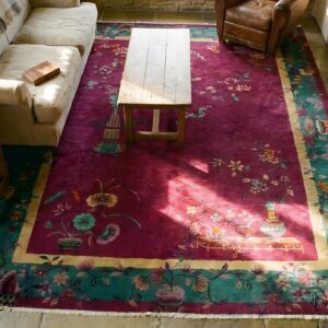 Antique Art Deco Room Size Wool Red Bird Design Rug (SKU 24753) - styled overhead view