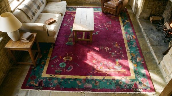 Antique art deco room size wool red bird design rug 2 Antique art deco room size wool red bird design rug (sku 24753) - styled overhead view