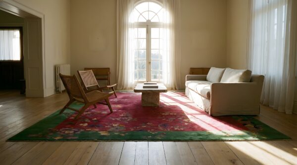 Antique art deco room size wool red floral rug 7 Antique art deco room size wool red floral rug (sku 23714) - room view