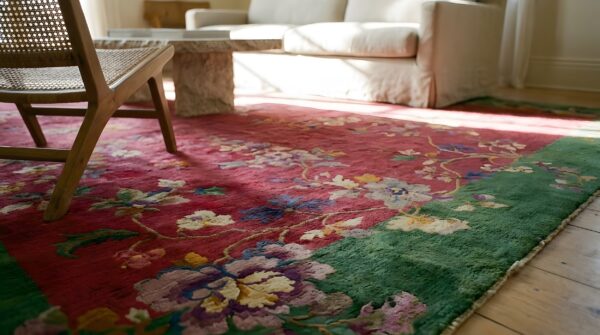 Antique art deco room size wool red floral rug 8 Antique art deco room size wool red floral rug (sku 23714) - in-room detail
