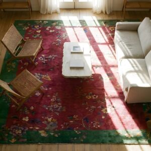 Antique Art Deco Room Size Wool Red Floral Rug (SKU 23714) - styled overhead view