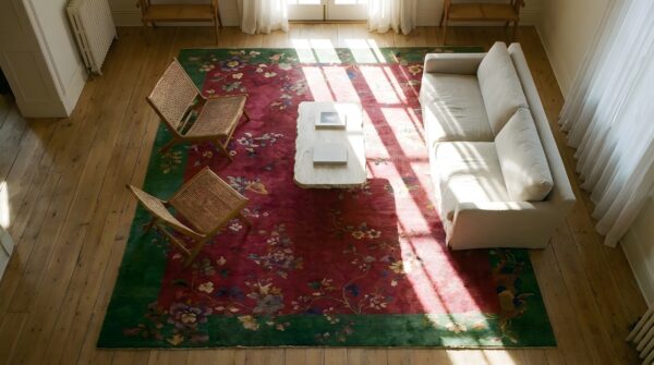 Antique art deco room size wool red floral rug 2 Antique art deco room size wool red floral rug (sku 23714) - styled overhead view