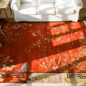 Antique Art Deco Room Size Wool Red Marvelous Rug (SKU 24623) - styled overhead view