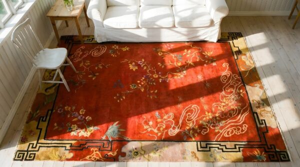 Antique art deco room size wool red marvelous rug 2 Antique art deco room size wool red marvelous rug (sku 24623) - styled overhead view