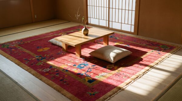 Antique art deco room size wool red vase design rug 18 Antique art deco room size wool red vase design rug (sku 24660) - room view