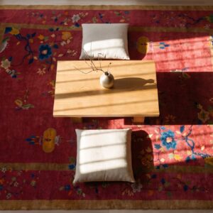Antique Art Deco Room Size Wool Red Vase Design Rug (SKU 24660) - styled overhead view
