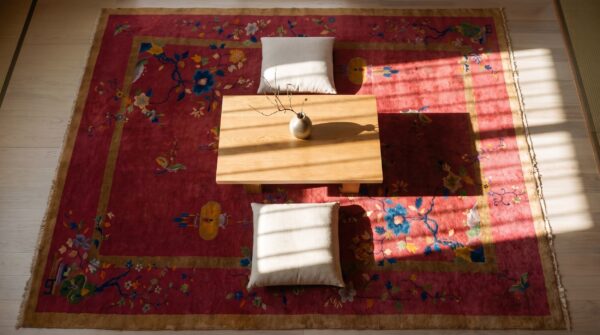 Antique art deco room size wool red vase design rug 2 Antique art deco room size wool red vase design rug (sku 24660) - styled overhead view