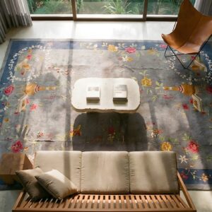 Antique Art Deco Room Size Wool Taupe Rug (SKU 23867) - styled overhead view