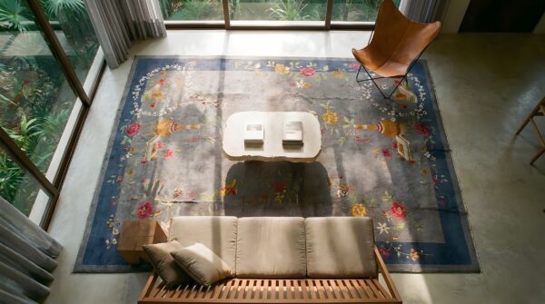 Antique art deco room size wool taupe rug 2 Antique art deco room size wool taupe rug (sku 23867) - styled overhead view