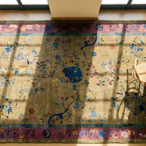 Antique Art Deco Room Size Wool Yellow Rug (SKU 23943) - styled overhead view