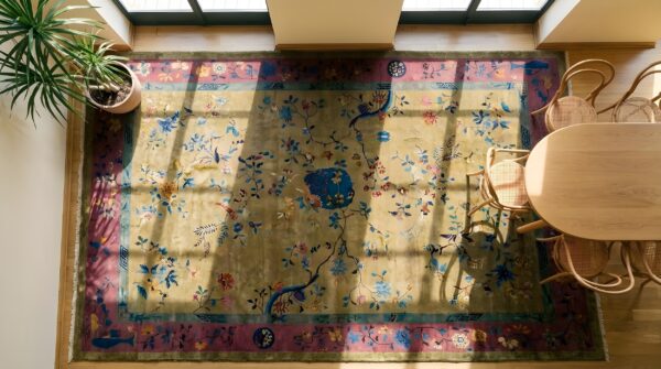 Antique art deco room size wool yellow rug (sku 23943) - styled overhead view