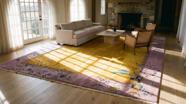 Antique art deco room size wool yellow, purple lavender mauve rug 9 Antique art deco room size wool yellow, purple lavender mauve rug (sku 24552) - room view