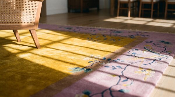 Antique art deco room size wool yellow, purple lavender mauve rug 10 Antique art deco room size wool yellow, purple lavender mauve rug (sku 24552) - in-room detail