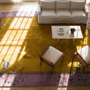 Antique Art Deco Room Size Wool Yellow, Purple Lavender Mauve Rug (SKU 24552) - styled overhead view