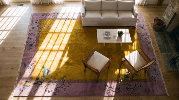 Antique art deco room size wool yellow, purple lavender mauve rug 2 Antique art deco room size wool yellow, purple lavender mauve rug (sku 24552) - styled overhead view