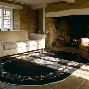 Antique Art Deco Small Oval Wool Black Rug (SKU 24465) - room view