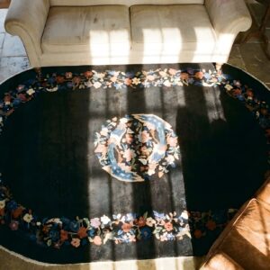 Antique Art Deco Small Oval Wool Black Rug (SKU 24465) - styled overhead view