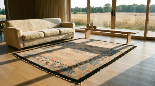 Antique art deco small scatter size wool beige rug 8 Antique art deco small scatter size wool beige rug (sku 24062) - room view