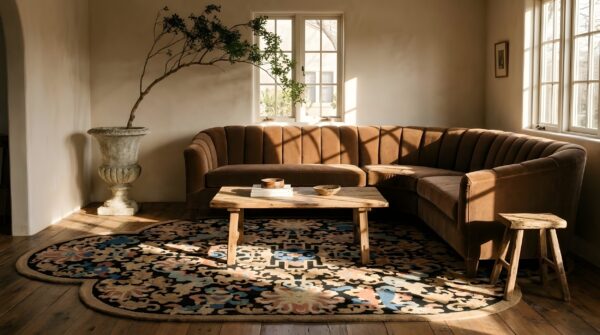 Antique art deco small scatter size wool black, multicolor rug (sku 24024) - in-room detail