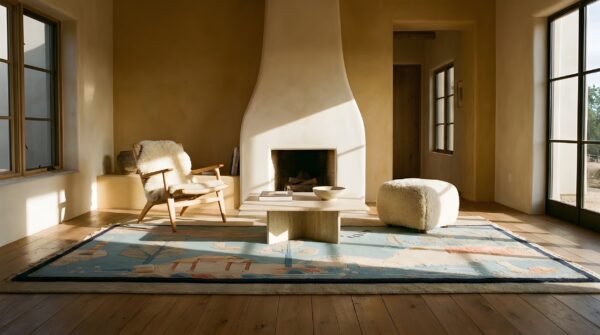 Antique art deco small scatter size wool blue rug 9 Antique art deco small scatter size wool blue rug (sku 24103) - room view