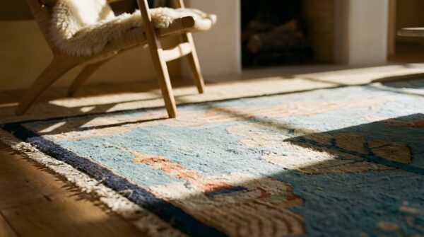 Antique art deco small scatter size wool blue rug 10 Antique art deco small scatter size wool blue rug (sku 24103) - in-room detail