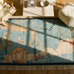 Antique Art Deco Small Scatter Size Wool Blue Rug (SKU 24103) - styled overhead view