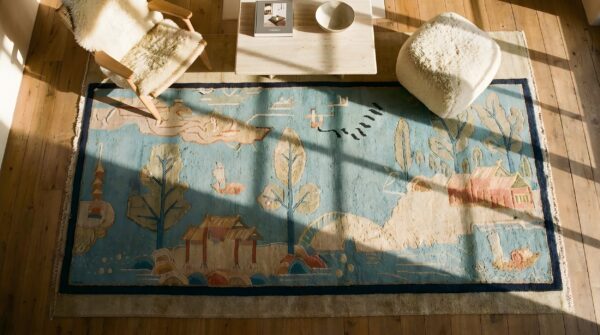 Antique art deco small scatter size wool blue rug 2 Antique art deco small scatter size wool blue rug (sku 24103) - styled overhead view
