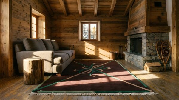 Antique art deco small scatter size wool chocolate rug (sku 24070) - styled overhead view