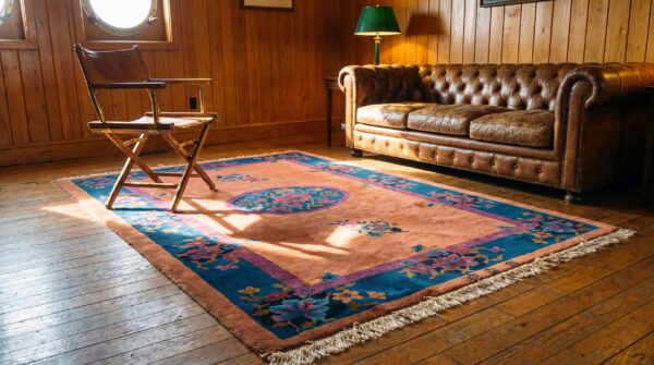 Antique art deco small scatter size wool coral rug (sku 22899) - room view