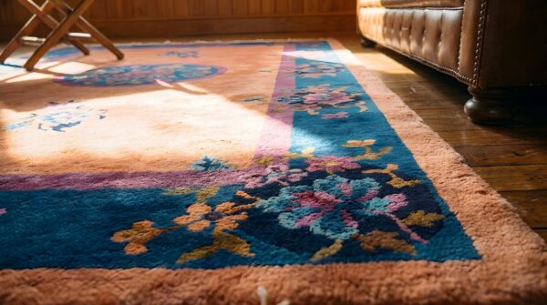 Antique art deco small scatter size wool coral rug (sku 22899) - in-room detail
